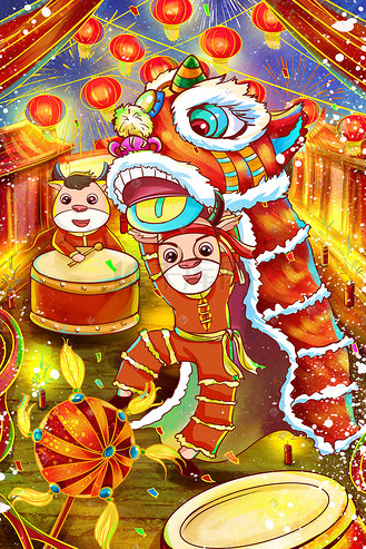 插画新年春节2021牛年舞狮迎新年个人vip和企业vip免费下载插画手绘