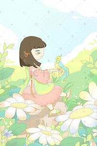 春风蓝天白云可爱少女绿植小鸟手绘风格插画