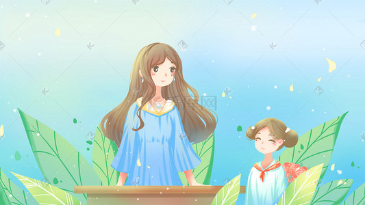 师师插画图片_蓝色治愈卡通小清新师节学生送老师花配图