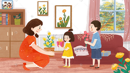 礼物妇女节插画图片_母亲节一起给妈妈礼物温馨