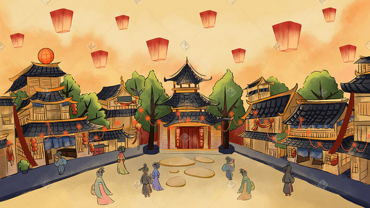 古代集市场景手绘插画新年春节新中国风主题之街道商铺场景新年春节