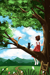 树上的小窝插画图片_夏天夏季女孩树上看风景夏景小清新大暑夏至