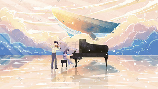 弹钢琴的小人插画图片_钢琴意境天空治愈系小清新