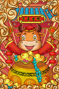 牛冲天插画图片_2021牛年牛春节新年新春