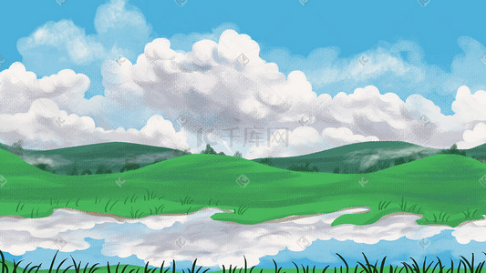 秋天夏天唯美手绘卡通草地草原蓝天白云背景