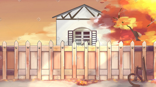 围栏房子插画图片_秋天院子里的景色插画