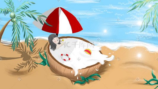 沙滩椰树插画图片_夏季景色沙滩椰树女孩