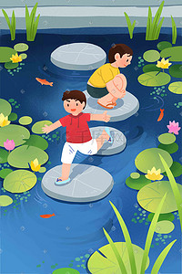 夏日可爱儿童户外戏水清新活力手绘风格插画