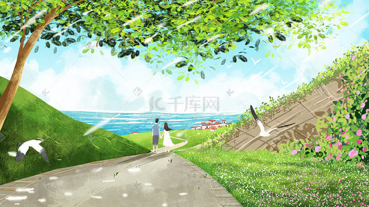 情人小清新插画图片_一起看海小清新情侣夏日出游