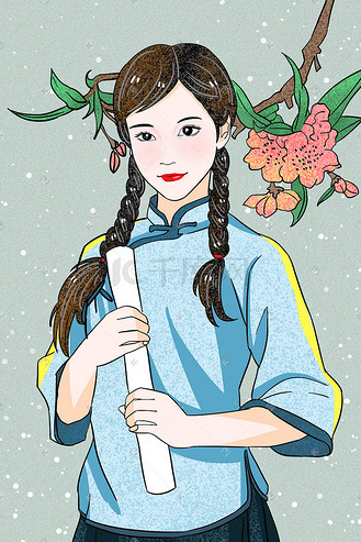 民国风韵青春少女唯美清新彩色肖像手绘插画
