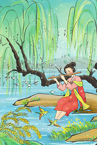 水彩女子插画图片_古风主题之水墨女子湖边吹笛场景