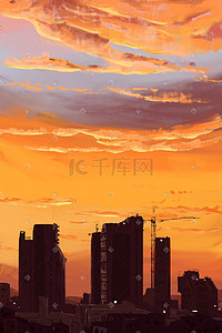 落日的天空插画图片_城市边缘的夕阳天空插画
