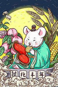 老鼠手绘插画图片_2020鼠年鼠兆丰年国潮插画