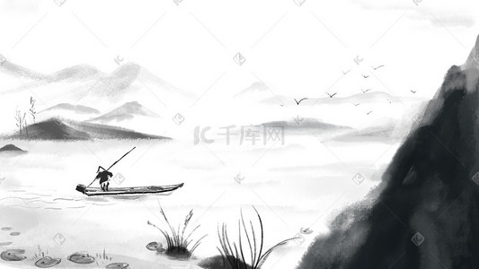 水墨的山水画插画图片_中国古风水墨风格撑船的船家