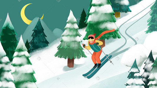 滑雪图插画图片_卡通手绘风冬景配图