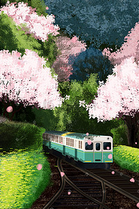 油插画图片_油画风樱花树下行驶的绿色火车
