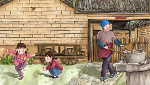 六一儿童节年代农村生活暖色调手绘童年游戏踢毽子插画