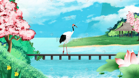 夏季横图插画图片_夏季荷花池塘樱花桥梁上的仙鹤横图