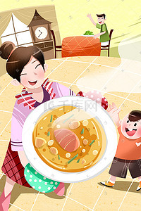 美食汤插画图片_黄色系卡通手绘风美食汤菜炖菜配图