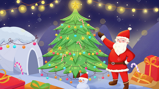 圣诞树背景插画图片_圣诞节圣诞老人装饰圣诞树送礼物手绘可爱圣诞