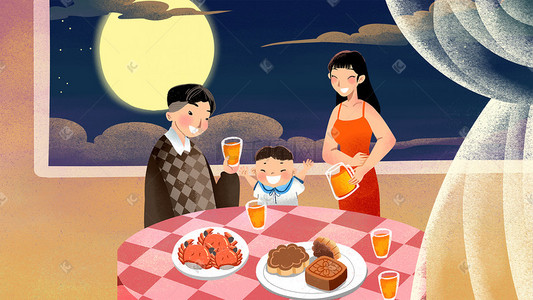 嫦娥奔月月饼插画图片_卡通手绘风中秋团圆饭配图中秋
