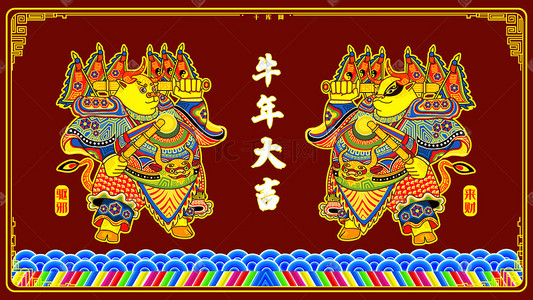 牛年新年国潮插画图片_牛年大吉国潮中国风