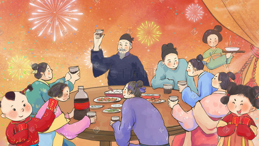 喝酒国潮壁纸4k插画图片_新年春节年夜饭古风主题之过年聚会喝酒聊天