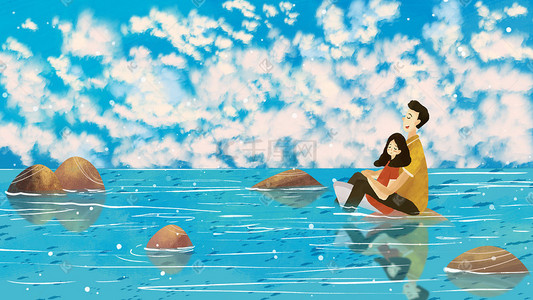 海中石头插画图片_天空蓝天云情侣夏天温馨海石头背景520520