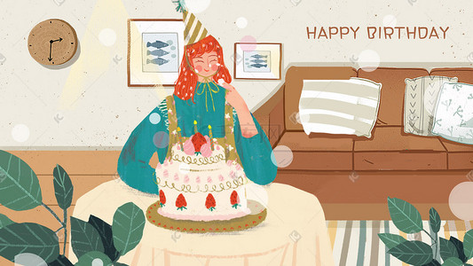 生日快乐生日蛋糕气球蜡烛清新少女手绘插画
