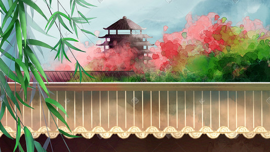 山水花插画图片_中国风工笔山水花风景古风建筑背景