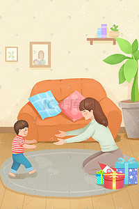 母婴服饰插画图片_母婴场景蹒跚学步亲子游戏儿童母亲