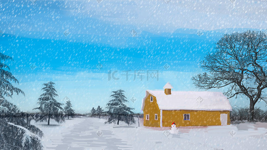 房子雪人插画图片_雪景雪人房子枯树雪路