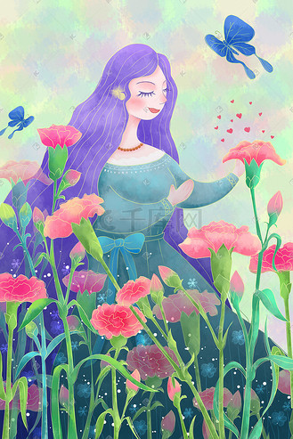 母亲节康乃馨里的妈妈手绘插画