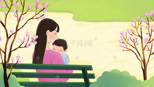爱在海报插画图片_母亲节母亲孩子户外绿色感恩手绘风格插画