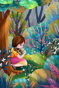 花丛中的小女孩儿插画