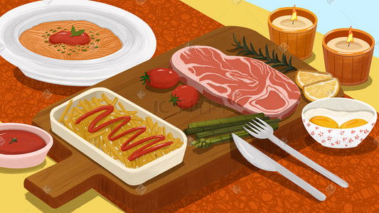 黑椒牛排插画图片_食物美食特写牛排意面西餐
