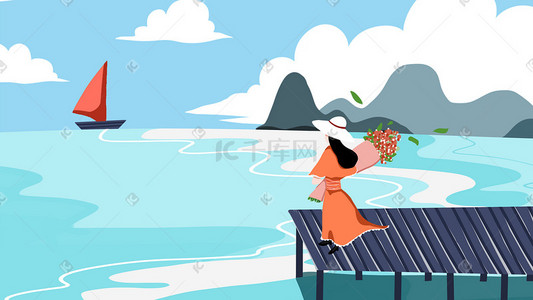 海边阳光配图插画图片_蓝色系卡通手绘风五月你好海边女孩配图