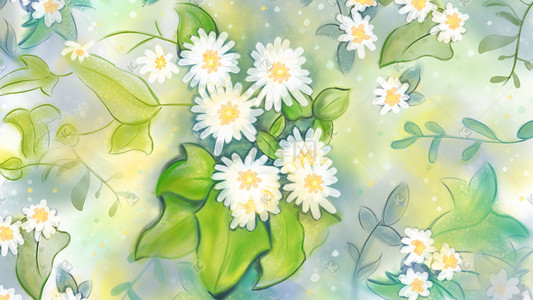 植物绿叶花朵插画图片_繁华花海花朵白花唯美背景