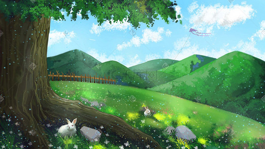 绿色夏季草地小兔子插画
