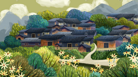 古老的村子插画图片_湘西风景手绘背景