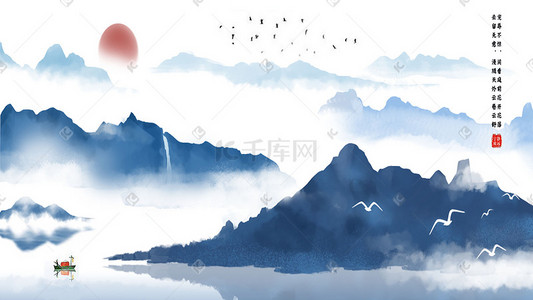 冷插画图片_冷色系国风水墨风通用水墨场景