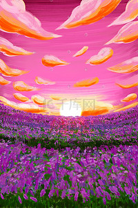 油画蓝天白云背景插画图片_风景画薰衣草普罗旺斯风景背景花海油画