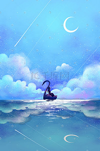 大海景色插画图片_蓝色天空蓝天云夜晚星空星星天鹅大海月亮背景
