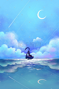 云朵星星插画图片_蓝色天空蓝天云夜晚星空星星天鹅大海月亮背景