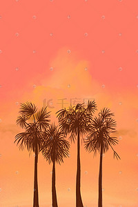 海南一号插画图片_唯美治愈橘色浪漫海南旅游椰子树背景