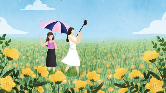 花伞插画图片_夏季花海里自拍的少女