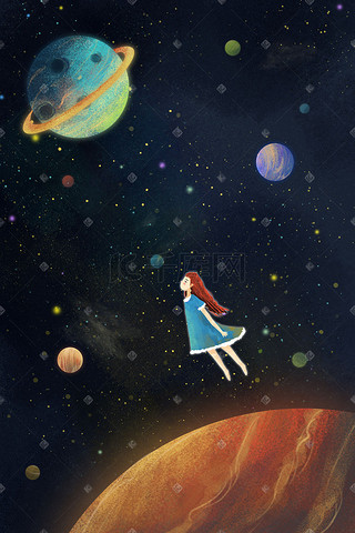 科技插画图片_宇宙背景主题之漂浮在宇宙中的女孩科技