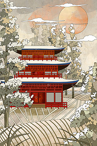 日本浮世绘文本插画图片_国潮工笔建筑浮世绘风景手绘背景