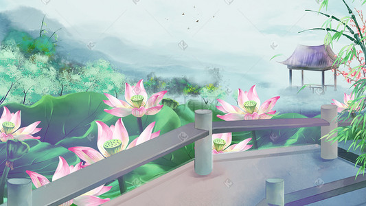 夏季花卉插画图片_中国风花卉建筑长廊水榭山水