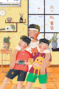 61小孩插画图片_六一儿童节家庭温馨阳光治愈手绘风格插画六一